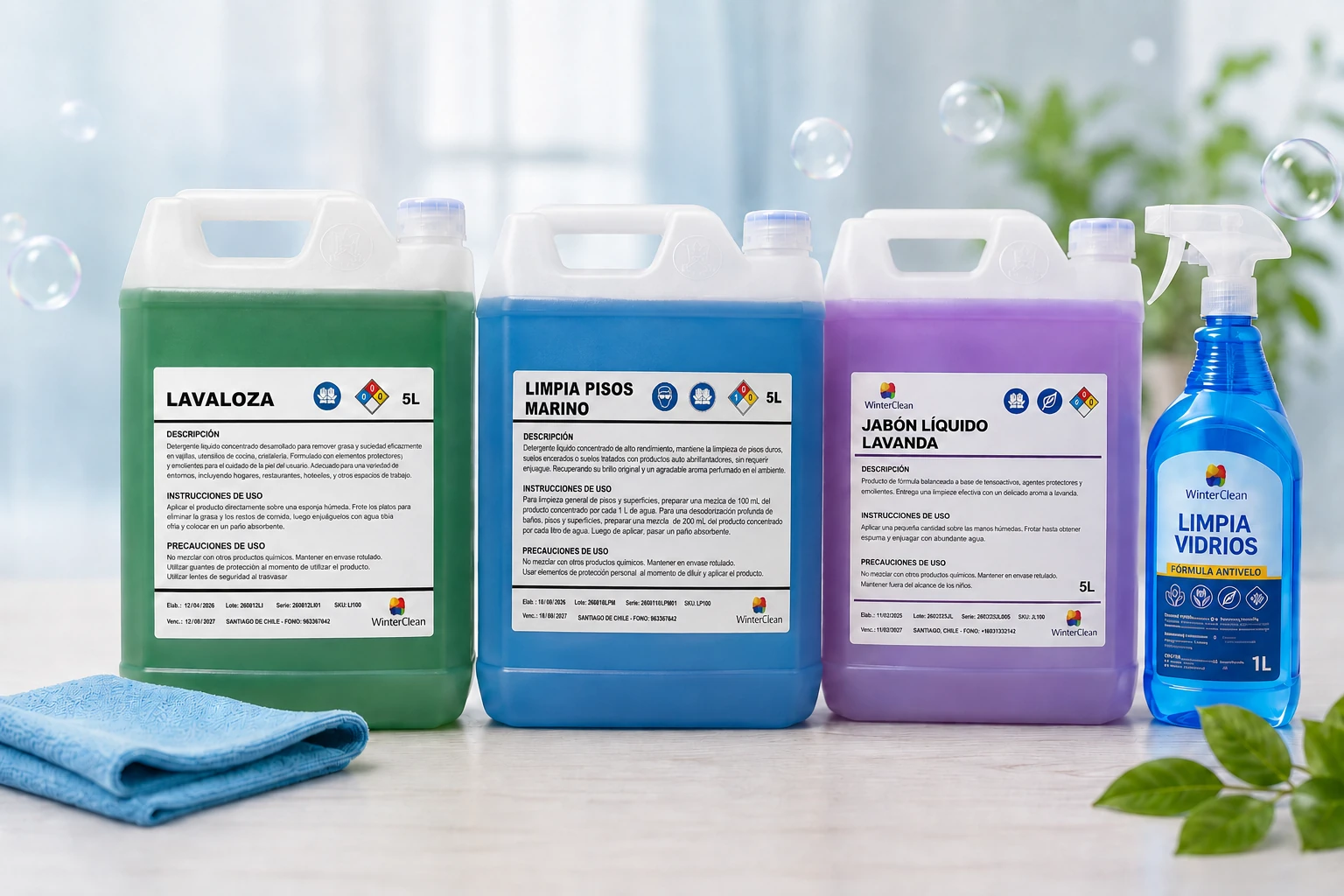 Línea de productos WinterClean: lavaloza, limpia pisos, jabón líquido y limpia vidrios